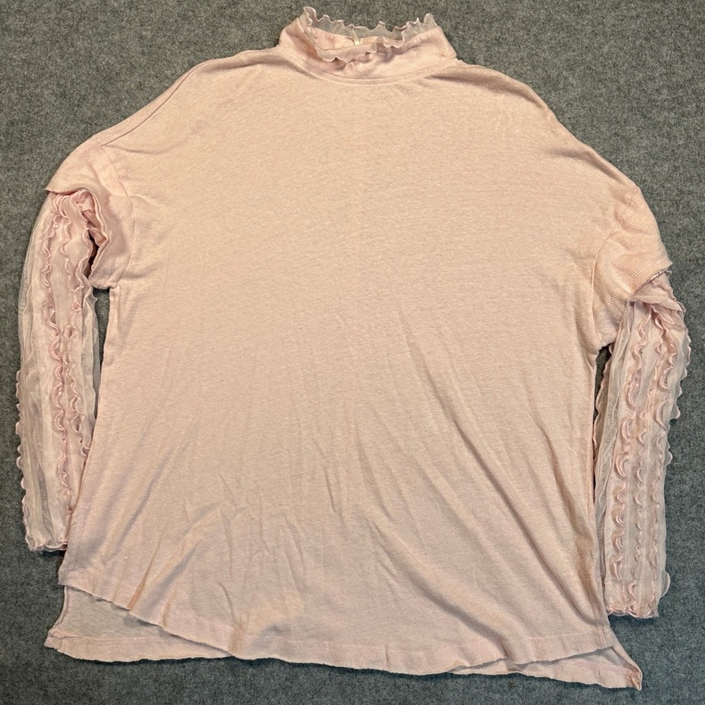 Free People Ruffle Sleeve Mock Neck‎ Top Small Pink Tulle Mesh Detail